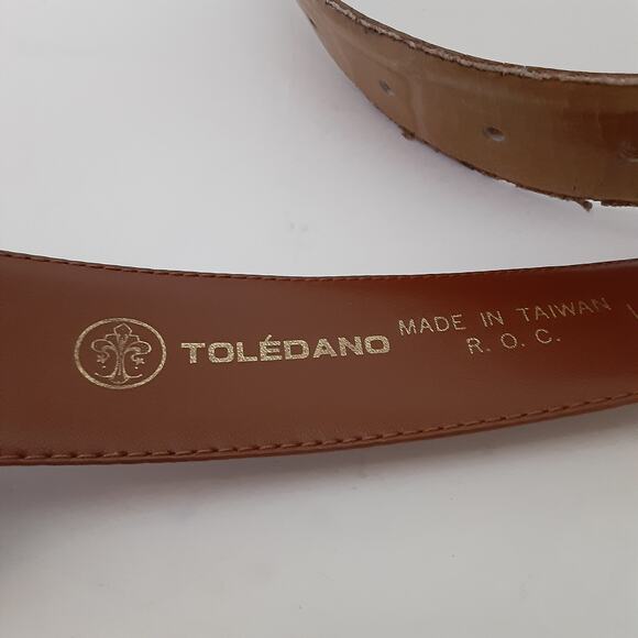 Vintage 80s Reptile Croco Belt Carmel Genuine Leather Gold Coin Buckle Sz L - Picture 6 of 11